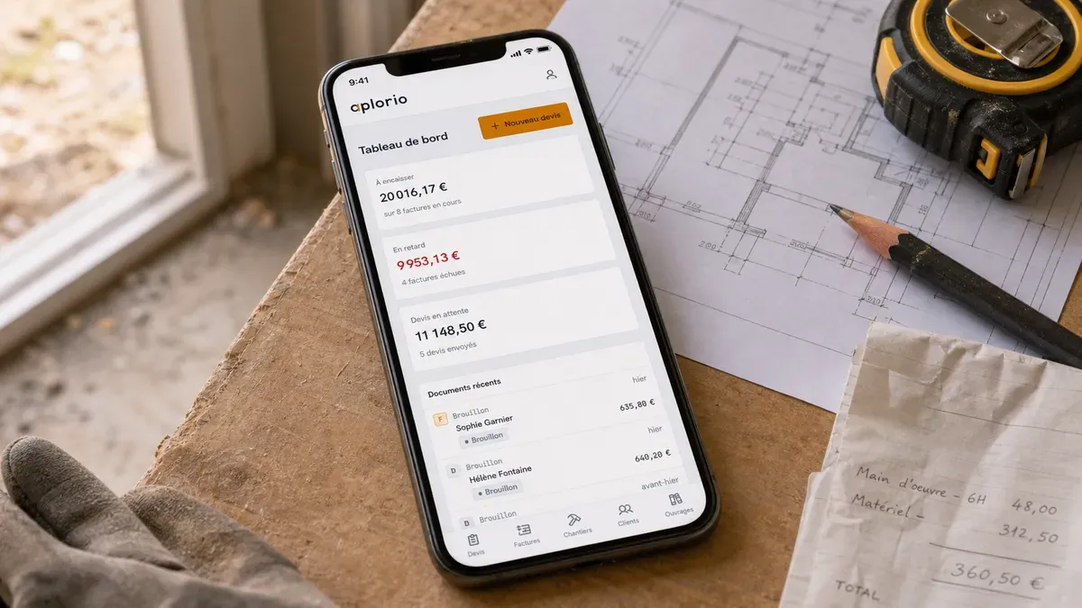 Un téléphone posé sur l’établi affiche le tableau de bord Aplorio, au milieu des plans et du mètre.