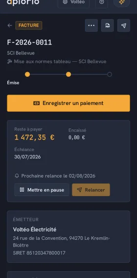 Le détail d’une facture dans Aplorio : lots, lignes, TVA multi-taux et suivi du paiement.