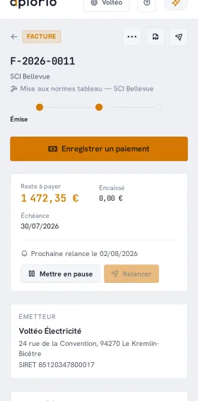 Le détail d’une facture dans Aplorio : lots, lignes, TVA multi-taux et suivi du paiement.