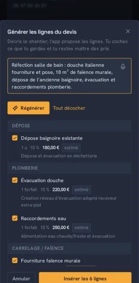 Aplorio sur téléphone : le devis dicté à la voix, les lignes prêtes à insérer.