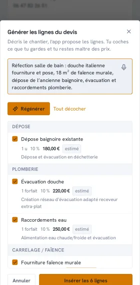 Aplorio sur téléphone : le devis dicté à la voix, les lignes prêtes à insérer.