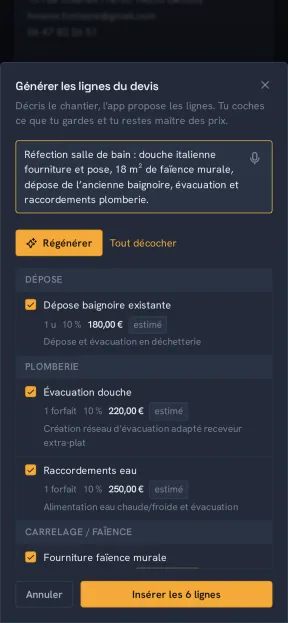 Aplorio sur téléphone : le devis dicté à la voix, les lignes prêtes à insérer.